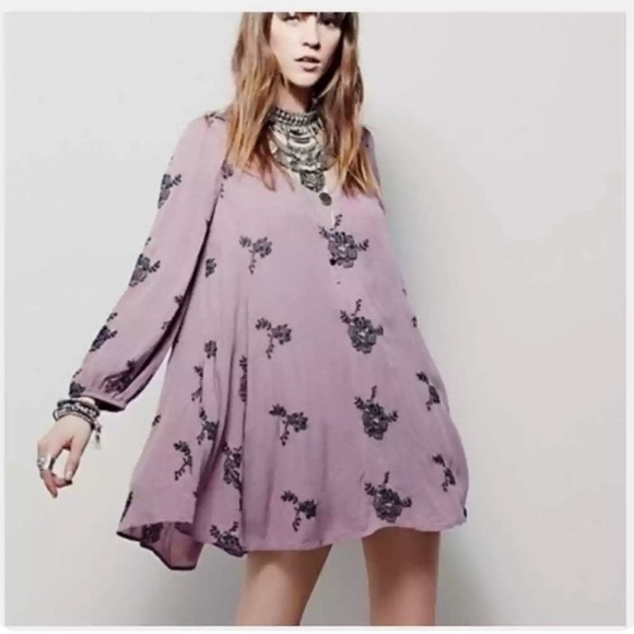 Free People Emma Austin Dress Long Sleeve Elderberry Embroidered Boho Sz S - Picture 1 of 6